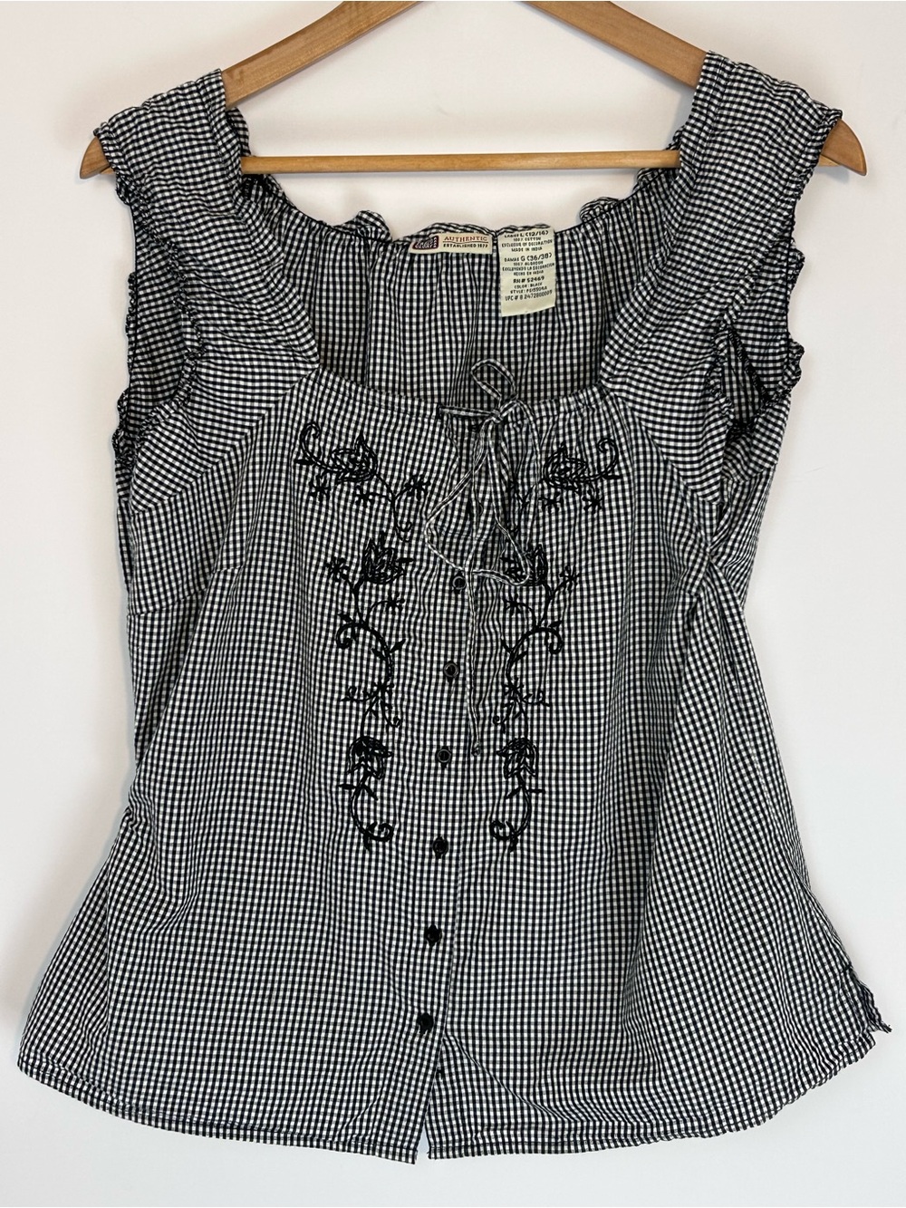 Women’s Faded Glory Black Gingham Embroidered Cotton Top L 12/14
